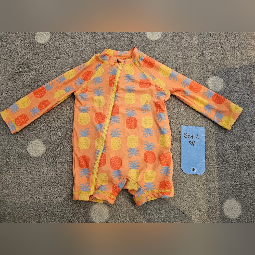 Joe Fresh 6-12M Orange Pineapple Print Long Sleeve Baby Swimsuit Onesie
